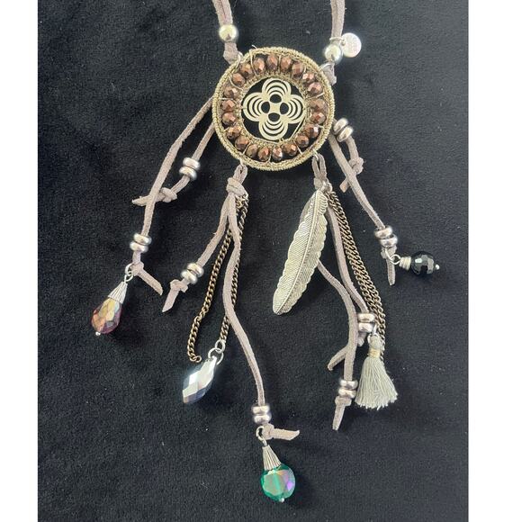 Moon C Paris Silver & Bronze Dreamcatcher Pendant on 21" Leather Necklace NWOT - Picture 1 of 7